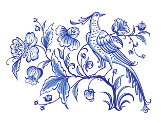 Fantastic bird on a magic tree with flowers, decorative vector ornament in blue tones. Painting for dishes, print for fabric, embroidery, etc. Delft and English porcelain, Gzhel painting. - 225588501
