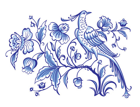 Fantastic bird on a magic tree with flowers, decorative vector ornament in blue tones. Painting for dishes, print for fabric, embroidery, etc. Delft and English porcelain, Gzhel painting.