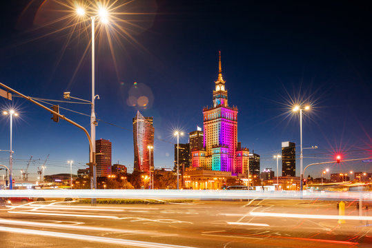  The Palace of Culture and Science and night traffic during rush hour. © fazon