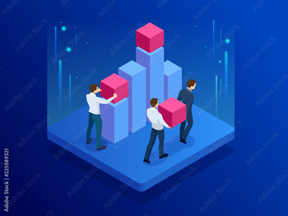Poster isometric business team doing data analysis and statistics concept. data visualisation. vector illus