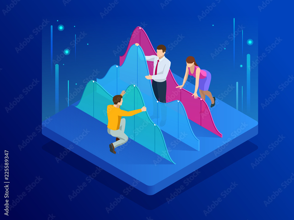 Poster isometric business team doing data analysis and statistics concept. data visualisation. vector illus
