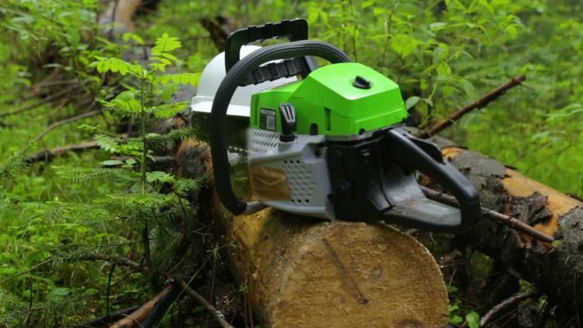 Chainsaw and helmet on log in forest