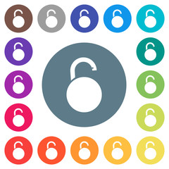 Unlocked round padlock flat white icons on round color backgrounds