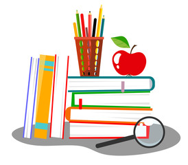 Fototapeta premium Vector illustration with a stack of books, a pencil holder, a magnifier and an apple.