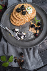 Healthy breakfast. Belgian waffles with wild blackberries and cream cheese in dark background