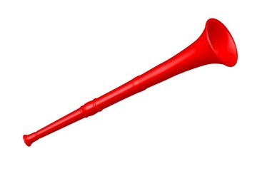 Red vuvuzela trumpet football fan. Vuvuzela isolated on a white background. Vector illustration - obrazy, fototapety, plakaty