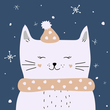 White cat  is enjoying the snow, vector Christmas card
