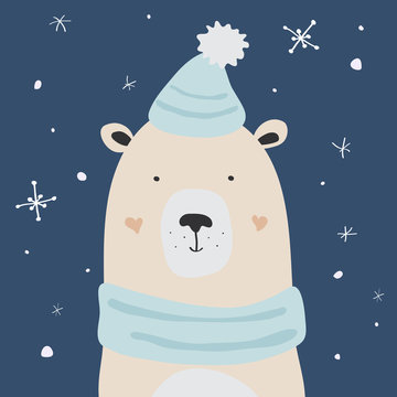 Polar bear is enjoying the snow, vector Christmas card