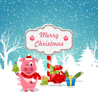 Funny Pig Wearing Santa Hat with Christmas Gift Boxes. Winter Nature Snowing Decoration