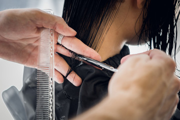 Hairdresser cutting client's hair in salon with scissors closeup. Using a comb