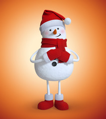 3d render, funny snowman cartoon character, standing, making a wish, Christmas illustration, winter holiday clip art