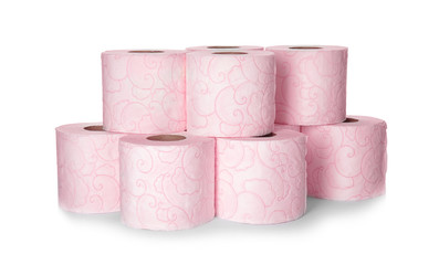 Color toilet paper rolls on white background