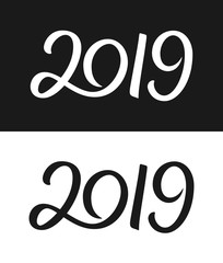 Happy New Year 2019 greeting card template. Calligraphic number with smooth contour isolated on black and white backgrounds. Vector illustration.
