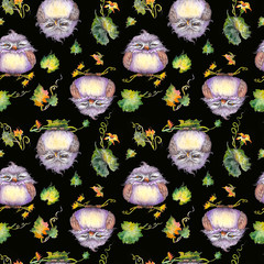 Seamless pattern with funny owls sitting on pumpkin branches. Watercolor on black background.