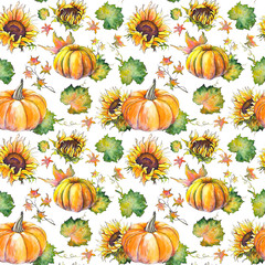 Seamless pattern with pumpkins, sunflowers, leaves and branches. Watercolor on white background.