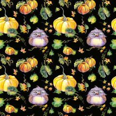 Seamless pattern with owls, pumpkins, flowers and leaves.. Watercolor on black background.