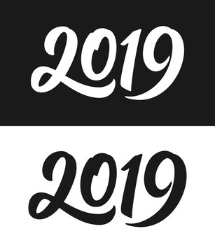 Happy New Year 2019 greeting card template. Calligraphic number with smooth contour isolated on black and white backgrounds. Vector illustration.