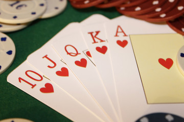 Poker, Close-up of hearts color ladder, on top of the table