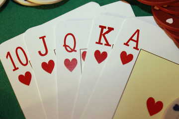 Poker, Close-up of colored hearts ladder, on top of the table
