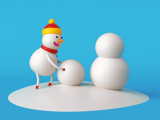 3d render, christmas illustration, snowman making another snowman, winter outdoor activity, blue background, holiday greeting card