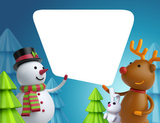 3d render, Christmas greeting card template, snowman and deer holding blank banner, festive mockup, holiday blue background, digital illustration