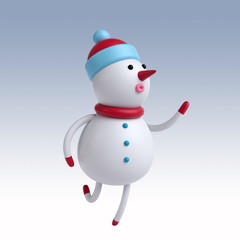 3d render, Christmas greeting card, cute cartoon snowman running, dancing, isolated on white background, holiday toy, digital illustration