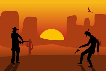 Fototapeta na wymiar Two gunslingers duel. Desert sunset. Color flat vector illustration.