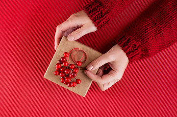 Female hands holding the gift box with Christmas decoration