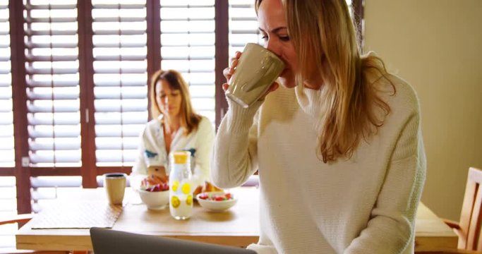 Woman using laptop while her partner having coffee on background 4k