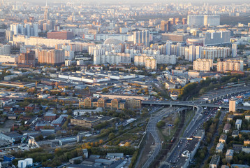 Fototapeta na wymiar Panorama of Moscow from a height. Sunset.