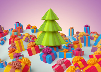 Fototapeta na wymiar 3d render, Christmas greeting card, gift boxes under fir tree, festive clip art, holiday background