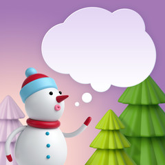 3d render, snowman talking balloon, message board, Christmas greeting card, festive template, holiday background, digital illustration