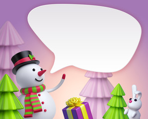 3d render, snowman talking balloon, message board, Christmas greeting card, festive template, holiday background, digital illustration