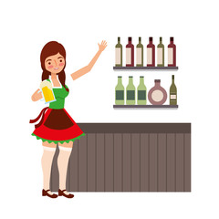 bavarian woman holding beer bar counter shelf bottles