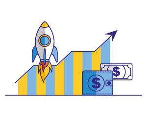 business statistics chart rocket and wallet money
