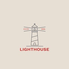 Lighthouse icon, sailing label or badge. Can be used for web projects, printing on t-shirt, logos, emblems with stylized lighthouse. Nautical logo design template