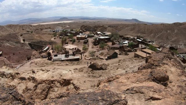Aerial view of Calico, a Cowboy Theme Park, atop of overlook. Calico is a Ghost Town, and former Mining town in Calico Mountains of Mojave Desert region of Southern California, United States.