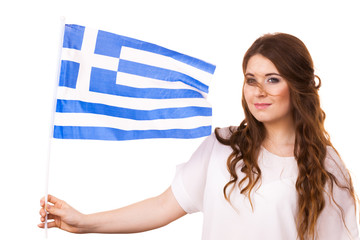 Woman with greek waving flag, on white