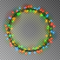 Garland wreath decorations. Christmas color lights ring with isolated shine lamps element. Glowing s - 225605120
