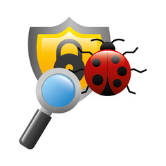 Plakat shield with virus atack and magnifying glass