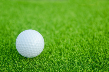 Golf ball on green grass ready to play at golf course. with copy space