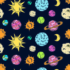 Space doodles pattern. Astronomy background. Cosmic sketches seamless texture. Planets. Moon and stars. Sun. Spaceship. Meteor. Comet. Asteroid. Universe. Galaxy.