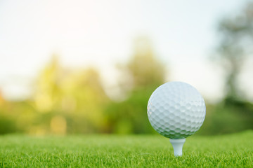 Golf ball with white tee on green grass ready to play at golf course. with copy space