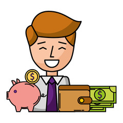 businessman with saving piggy and icons