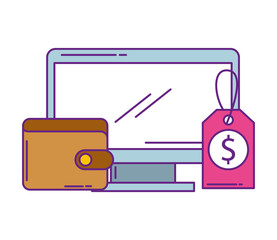 monitor computer with wallet money and label