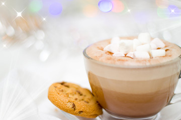 Christmas and new year card with cup of cacao hot chocolate with marshmallow and gingerbread cookies blurred lights on background - holidays, winter, celebration and good morning concept