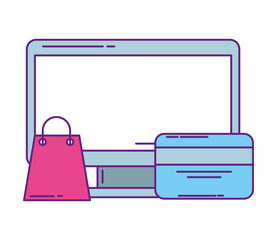 computer monitor with bag shopping and credit card