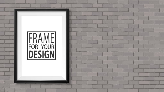 Frame on the wall. Photoframe mock up. Simple empty framing for your business design. Brick wall. Vector template for picture, painting, poster, lettering or photo gallery.