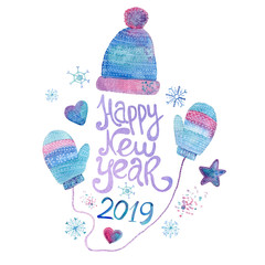 Happy New Year hand drawn watercolor handwritten  illustration  with snowflakes and warm hat and mittens