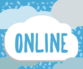 Writing note showing Online. Business photo showcasing while connected to computer or under computer control On internet.